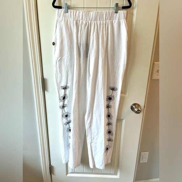 Women Pants With Pockets High Waist Baggy Print Cotton Loose Long Straight Pants - Picture 2 of 9